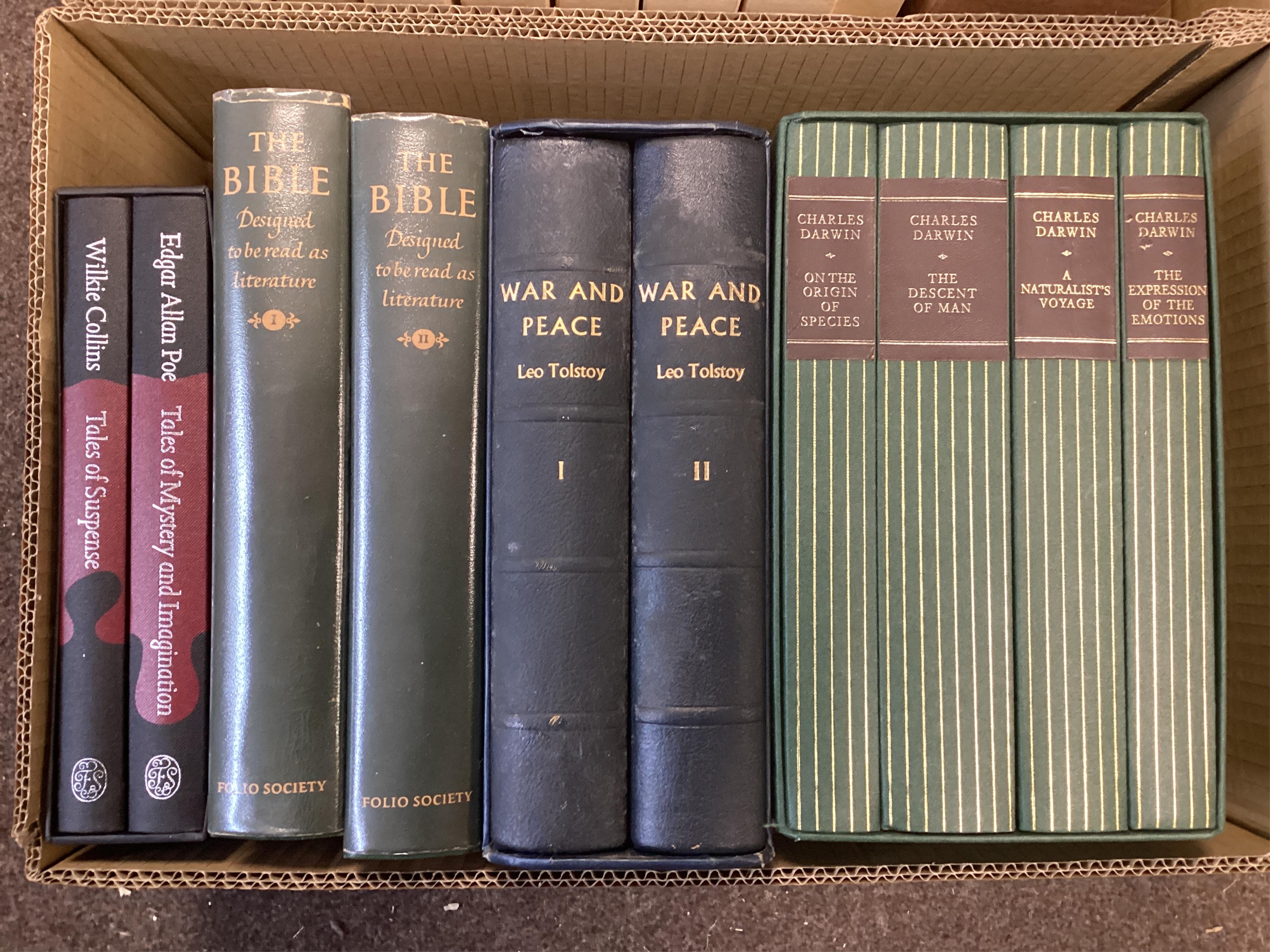 Folio Society: War and Peace, 2 vols, E. Gibbons - Memoirs, E. Gibbons - Rise / Fall Roman; Wilkie Collins - Tales Mystery / Suspense (2), Empire (8), Bible - to be read at literature (2), Miguel de Cervantes - Don Quixo